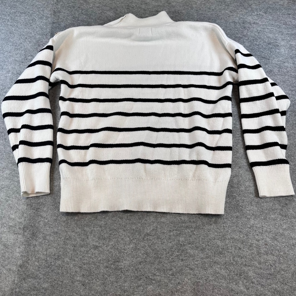 Nicole Miller Women Striped Mock Neck Sweater White Nautical Gold Button M Knit